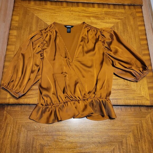 Express Tops - Express Copper Satin Puffed Sleeve Top